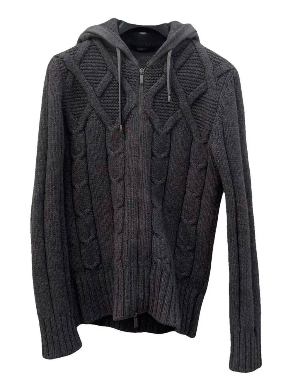 Ermenegildo Zegna Dark Charcoal Cable-Knit Zip Hoodie